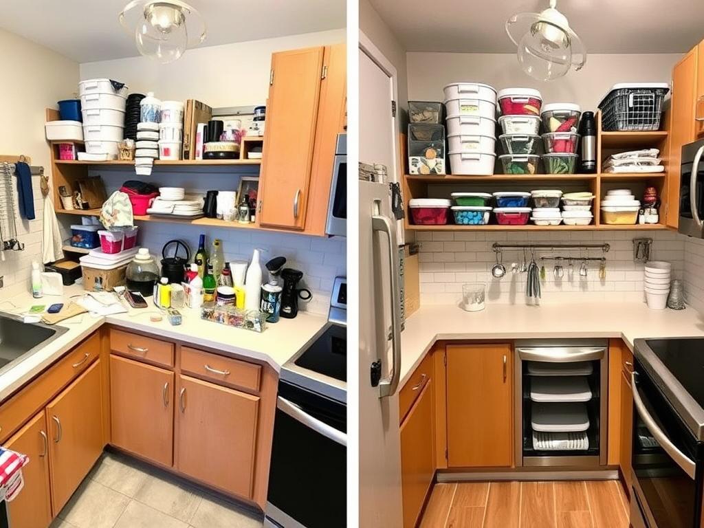 Before and after of an organized small student kitchen