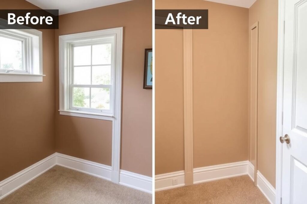 Before/after comparison showing the space-expanding effect of matching wall and trim colors