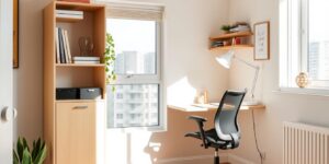 Compact apartment study nook with desk and storage solutions