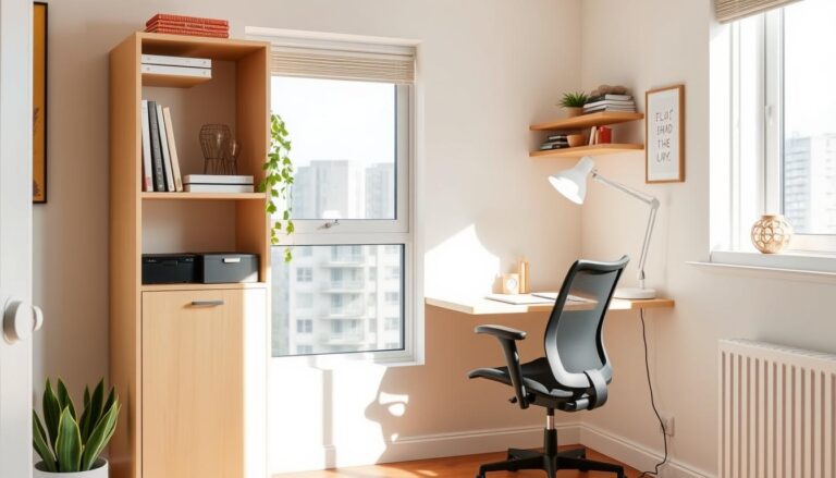 Compact apartment study nook with desk and storage solutions