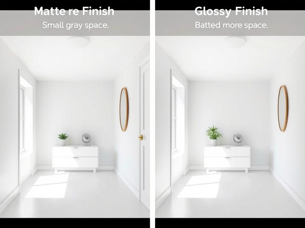 Comparison of matte vs. glossy finish in identical small spaces showing the light-reflecting difference