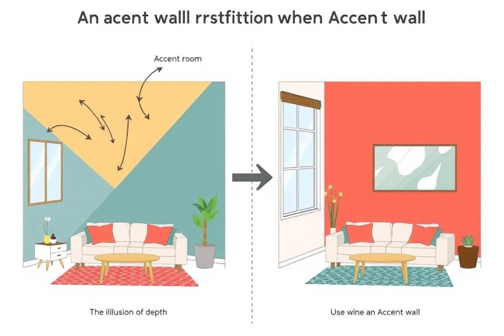 Diagram showing how an accent wall affects visual perception in a small room