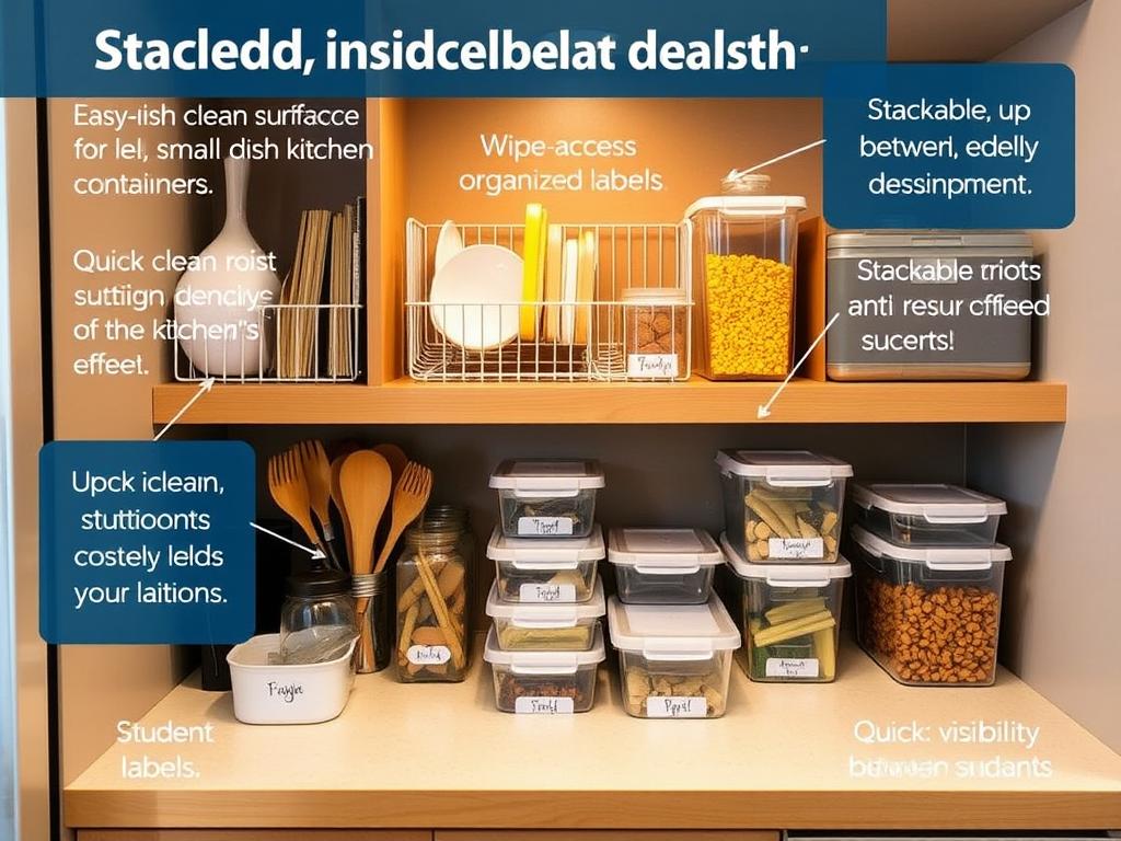 Easy-clean kitchen setup with labeled containers and wipe-clean surfaces