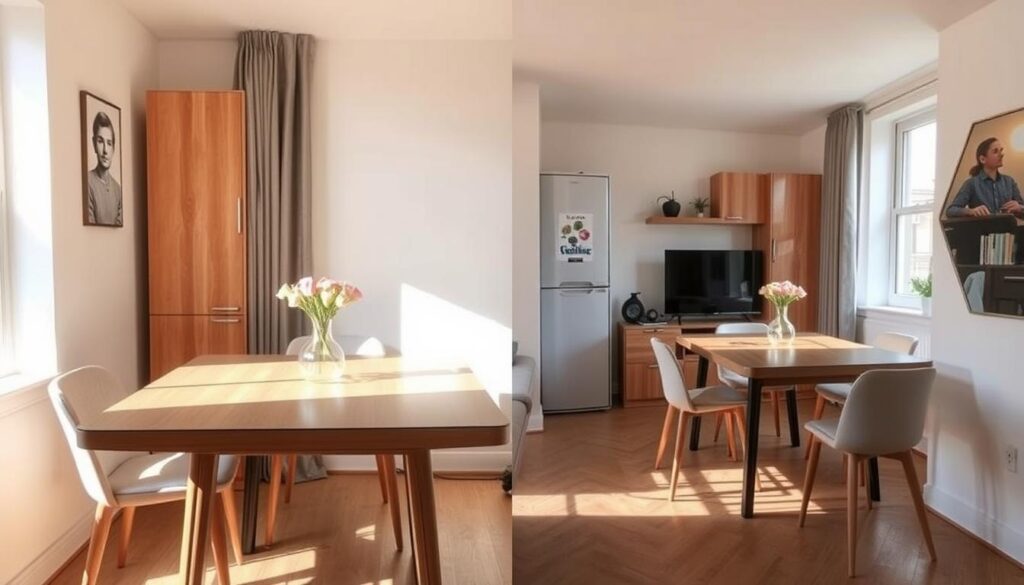 Extendable table shown in both compact and extended positions in a small apartment