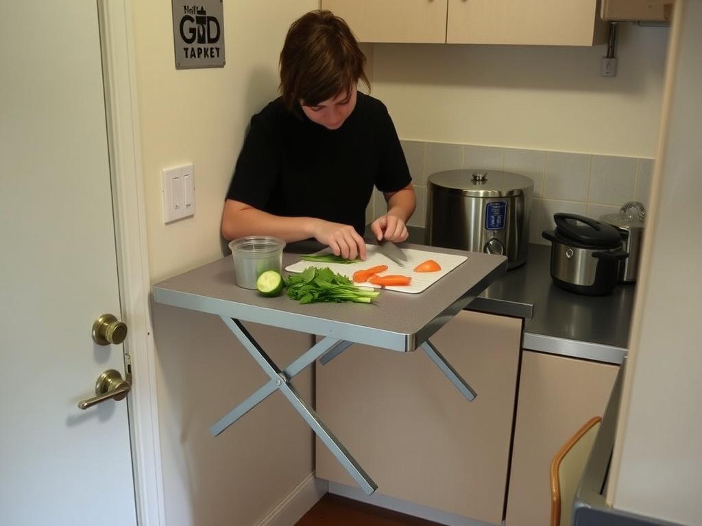 Folding table attached to wall being used for meal prep in a small student kitchen