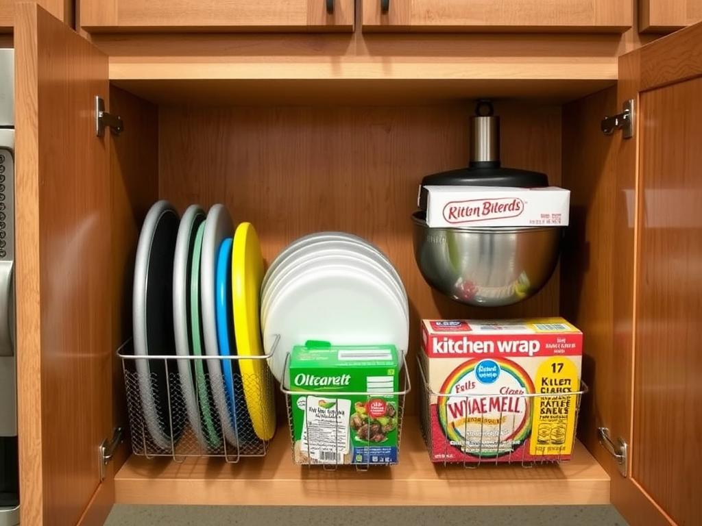 Inside of cabinet door with organizers holding cutting boards and lids in a student kitchen