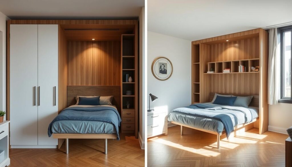 Murphy bed shown in both closed and open positions in a small apartment