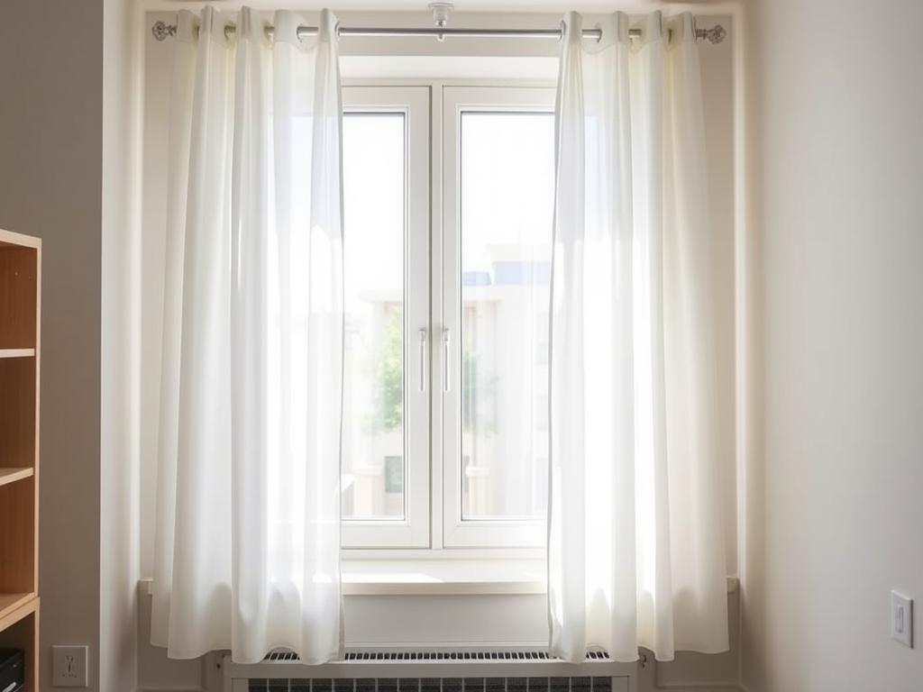 Sheer curtains allowing natural light to flow through a small student apartment window