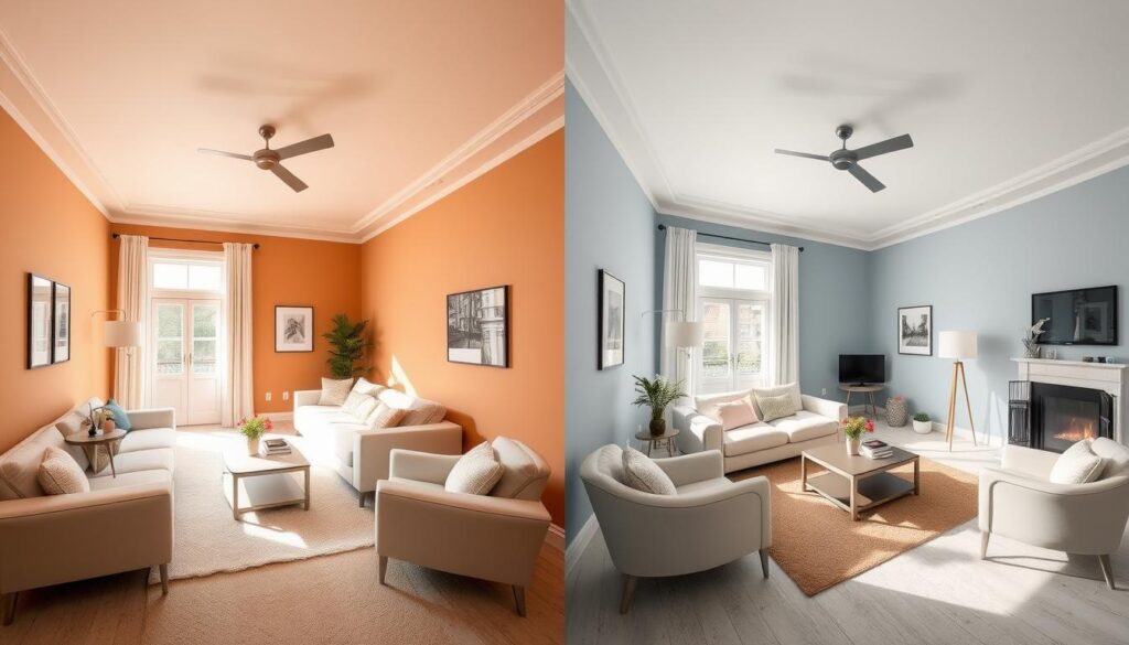 Side-by-side comparison of warm vs. cool tones in identical small rooms