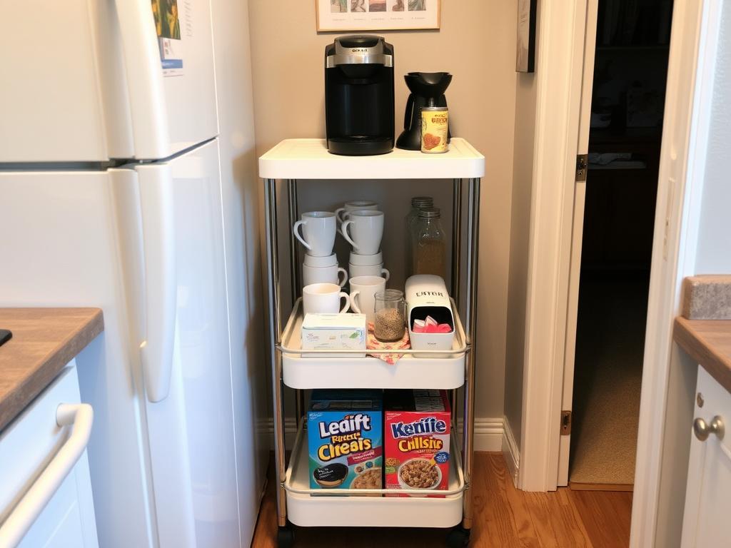 Slim rolling cart being used as a breakfast station in a small student kitchen