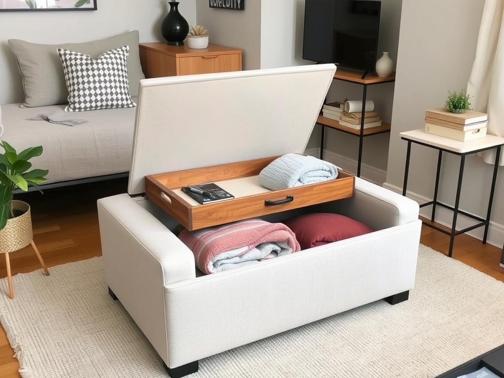 Storage ottoman being used as coffee table and storage in small studio Storage ottoman being used as coffee table and storage in small studio