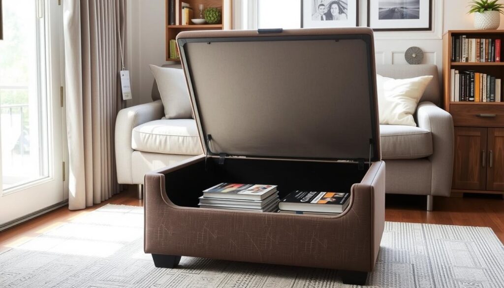 Storage ottoman being used as seating with hidden storage in a small apartment