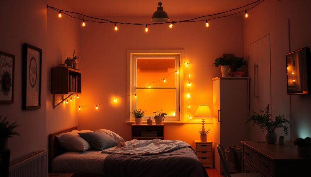 String lights creating cozy atmosphere in budget studio decor String lights creating cozy atmosphere in budget studio decor