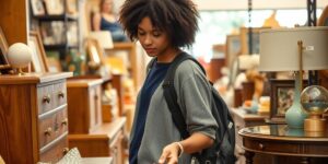 Student browsing furniture at a thrift store for budget studio decor