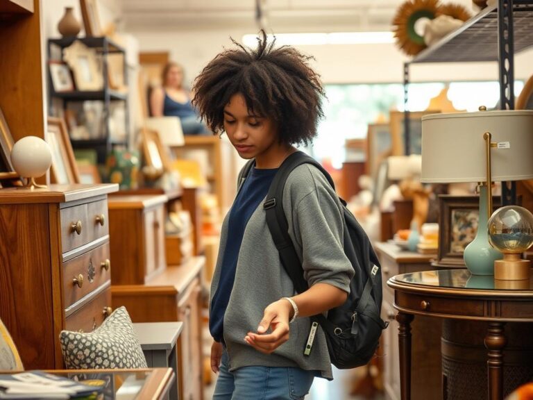 Student browsing furniture at a thrift store for budget studio decor