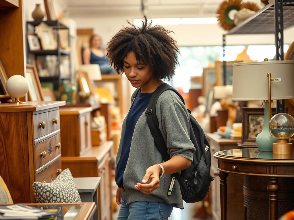 Student browsing furniture at a thrift store for budget studio decor