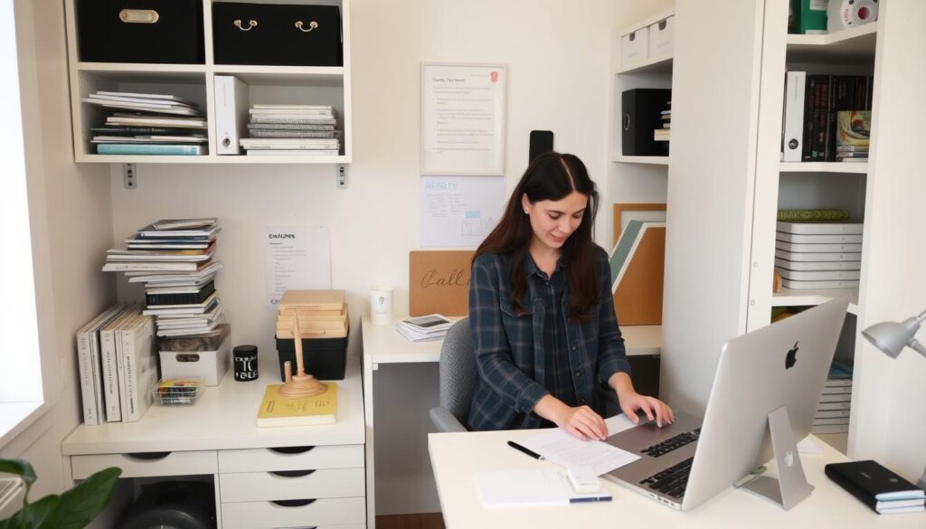 Student maintaining an organized apartment study nook