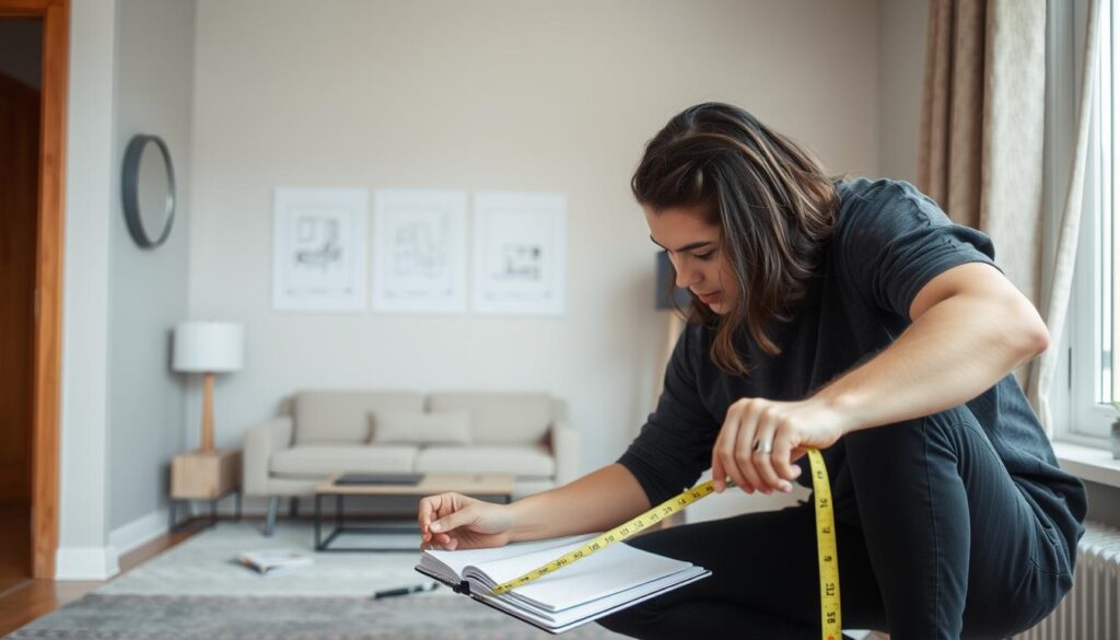 Student measuring and planning furniture layout in a small apartment