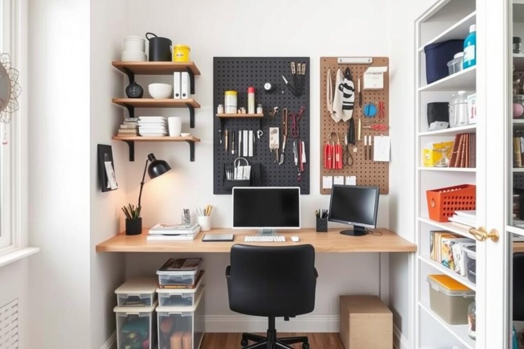 Vertical storage solutions in a small apartment study nook