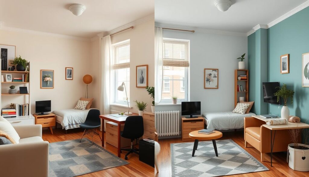 Visual representation of how different colors affect space perception in a small room