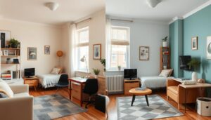 Visual representation of how different colors affect space perception in a small room