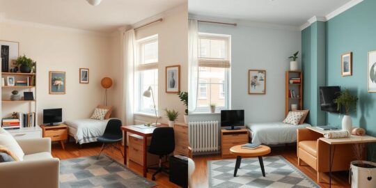Visual representation of how different colors affect space perception in a small room