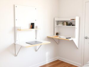 Wall-mounted foldable desk in a small student apartment