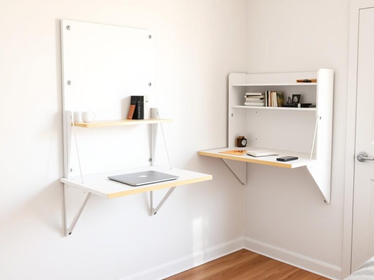 Wall-mounted foldable desk in a small student apartment