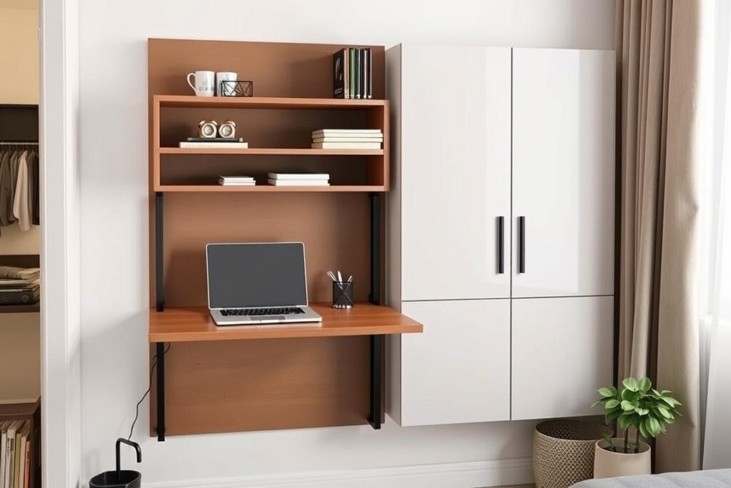 Wall-mounted folding desk in a small apartment