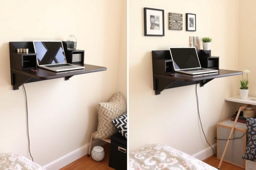 Wall-mounted folding desk in a small studio apartment Wall-mounted folding desk in a small studio apartment
