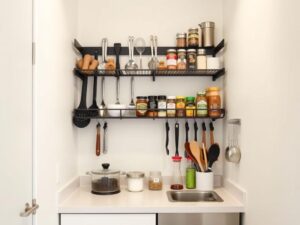 Wall-mounted kitchen rack with hanging utensils and spices in a small student kitchen