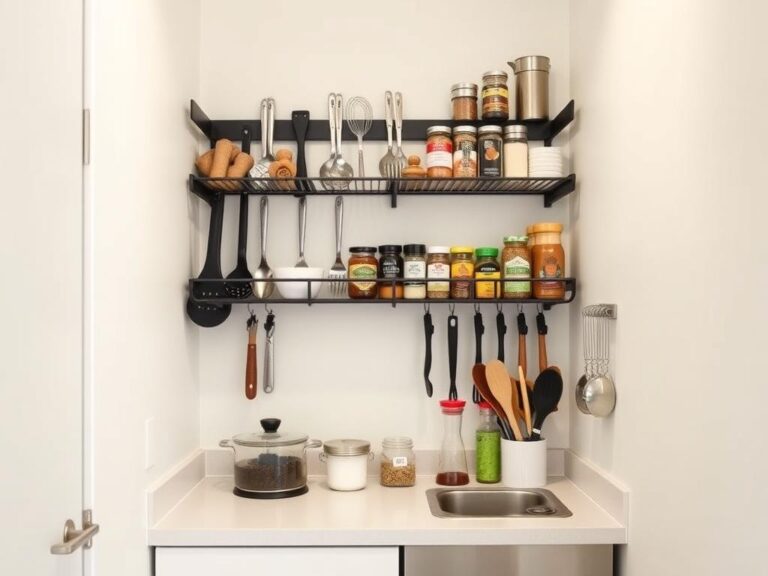 Wall-mounted kitchen rack with hanging utensils and spices in a small student kitchen