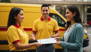 Persona mexicana entregando su solicitud frente a un repartidor con uniforme amarillo y rojo y una camioneta de reparto al fondo