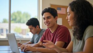 Persona mexicana sonriente en una clase comunitaria de inglés en Estados Unidos usando una computadora y recibiendo ayuda del profesor