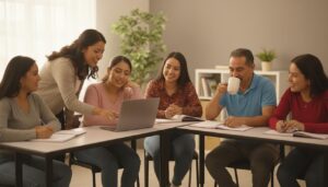Grupo de adultos mexicanos en un centro comunitario tomando un curso de inglés gratis, maestro ayudando mientras usan laptop y cuaderno