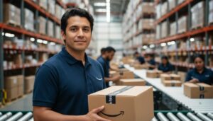 Trabajador mexicano de Amazon sonriente en un almacén sosteniendo un paquete con el logo de Amazon en un ambiente de trabajo seguro