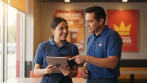 Persona mexicana con uniforme de Burger King con la corona visible sonriendo frente al restaurante mostrando una oportunidad de empleo