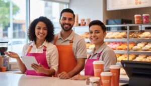 Empleados mexicanos de Dunkin sonrientes en una tienda con donas y café mostrando un ambiente laboral estable y oportunidades de crecimiento