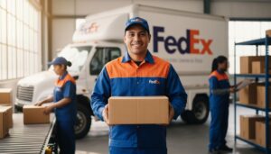Empleado de FedEx sonriente sosteniendo un paquete frente a un camión y compañeros en bodega mostrando un ambiente de trabajo estable y profesional
