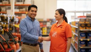 Persona mexicana con delantal naranja de The Home Depot sonriente en una tienda mostrando una oportunidad de empleo estable