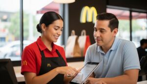 Empleado de McDonald’s con rasgos mexicanos sonriendo en el mostrador ayudando a un cliente dentro del restaurante