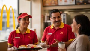 Empleados mexicanos de Mc Donald’s sonrientes dentro del restaurante mostrando un ambiente de trabajo estable y amigable
