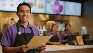 Persona mexicana con uniforme morado de Taco Bell sonriendo en el mostrador del restaurante lista para ayudar a quien busca empleo