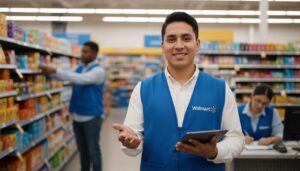 Empleado mexicano de Walmart sonriente con chaleco azul y tablet dentro de la tienda mostrando un ambiente de trabajo amigable y oportunidades de crecimiento.
