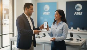 Persona mexicana sonriente recibiendo una oferta de trabajo en una tienda AT&T con el logo visible al fondo