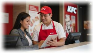 Persona mexicana solicitando empleo en KFC en el mostrador mientras un empleado le muestra la aplicación en una tablet