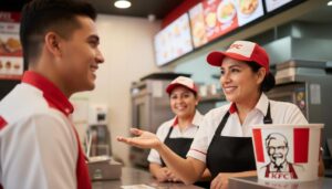 Equipo de trabajadores mexicanos en uniforme de KFC sonriendo dentro del restaurante mostrando un ambiente de trabajo acogedor y oportunidades de empleo