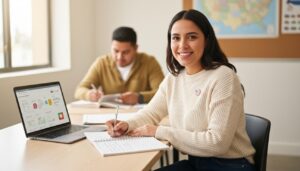 Mujer mexicana sonriente estudiando inglés en su laptop con un mapa de Estados Unidos desenfocado al fondo