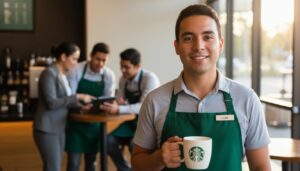 Empleado de Starbucks mexicano sonriente con delantal y taza con logo en tienda mostrando oportunidades de crecimiento profesional