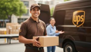 Trabajador de UPS mexicano sonriente con uniforme y paquete frente a una camioneta de entrega
